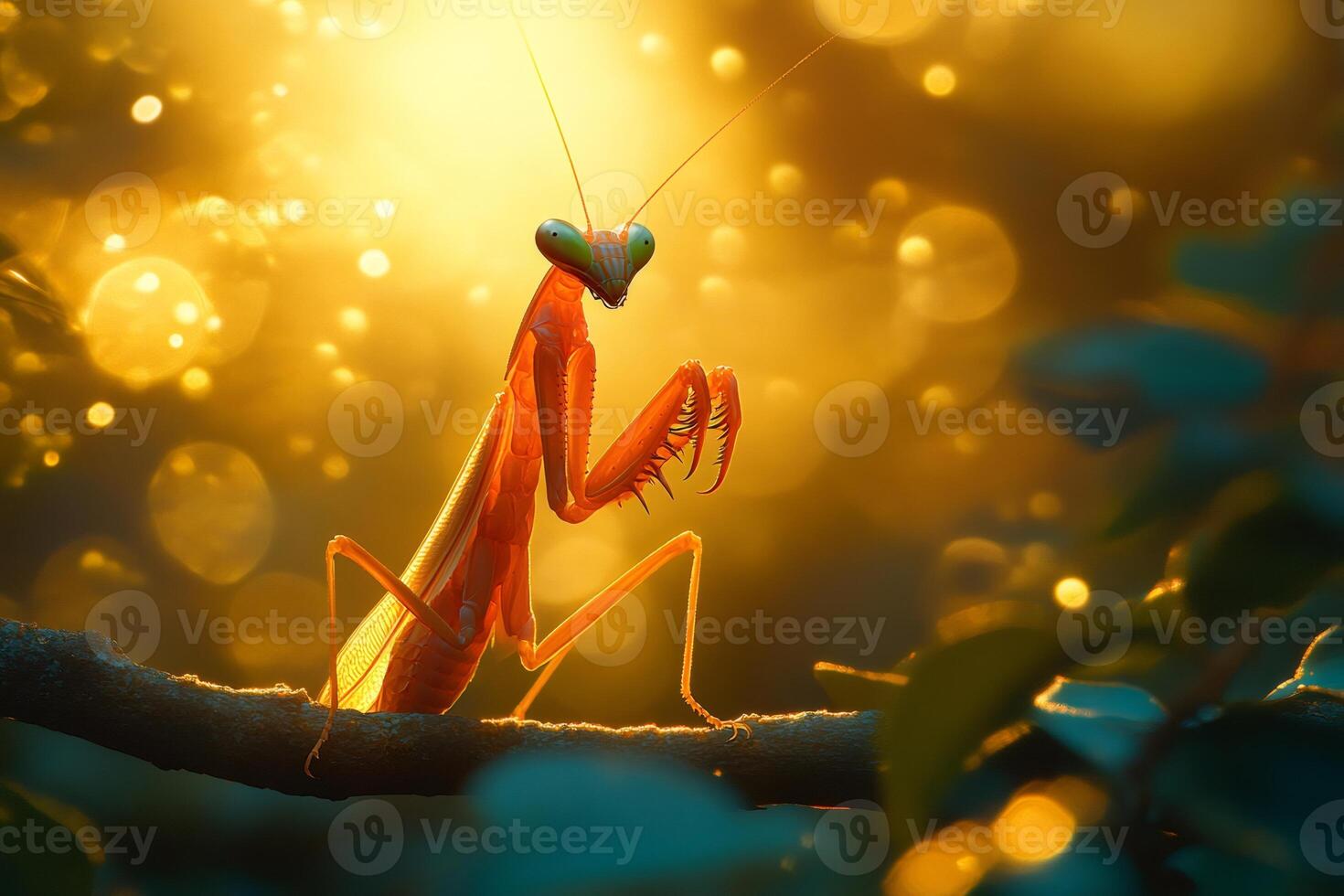 Praying mantis posing on a branch at sunset with golden bokeh background photo