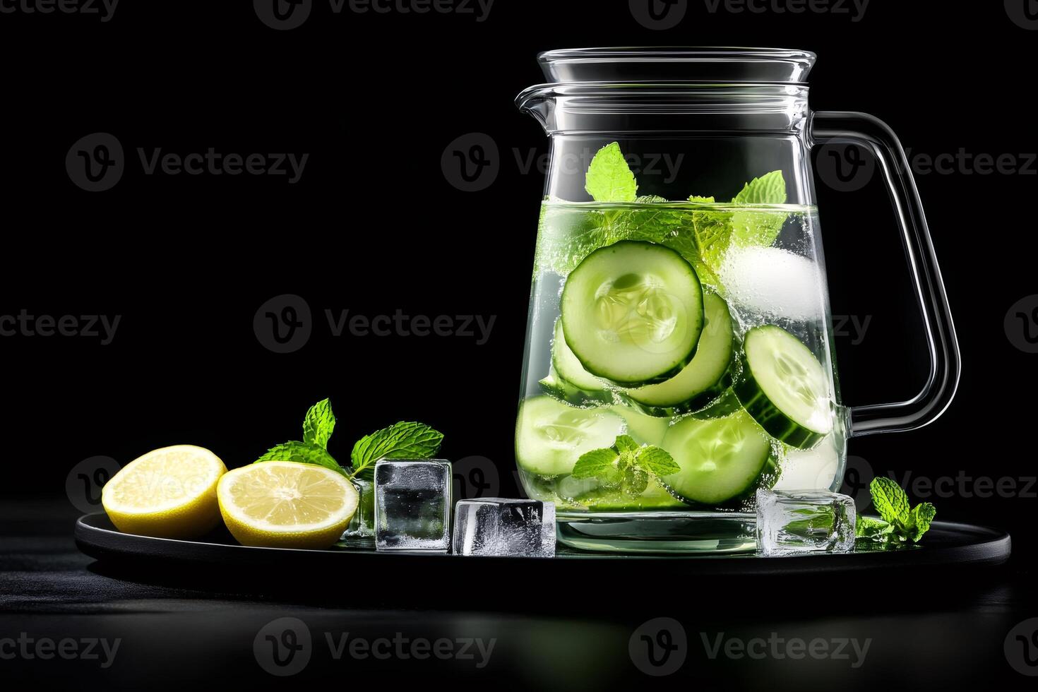 Refreshing summer drink with cucumber, lemon and mint in a glass jug photo