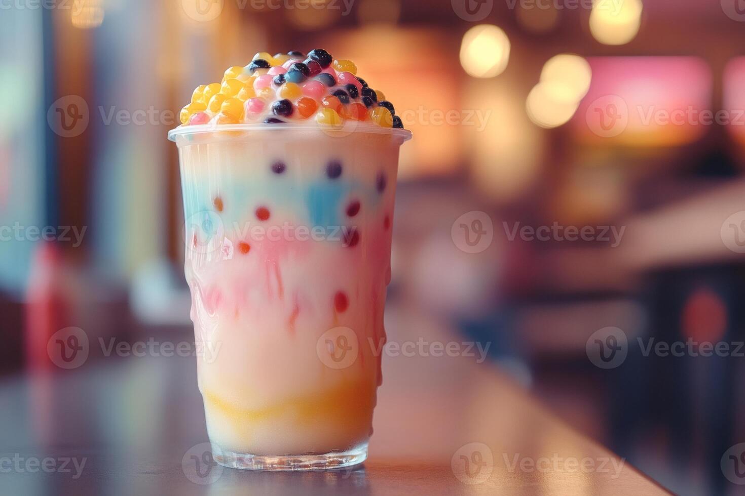Colorful bubble tea resting on table in cafe setting photo