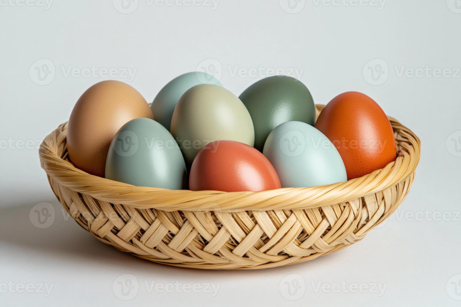 Colorful pastel chicken eggs resting in woven basket on white background photo