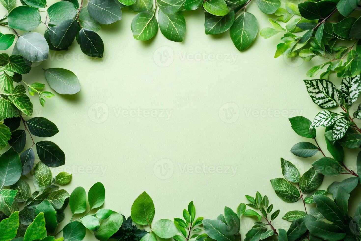 Green leaves frame bordering light green copy space background photo