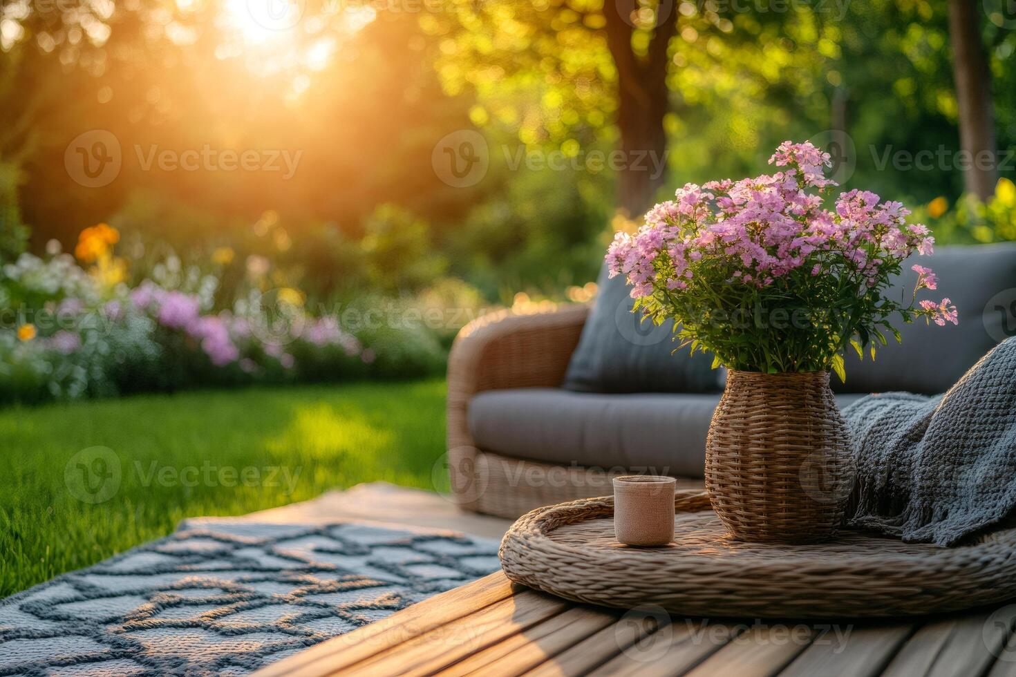 Cozy backyard patio with blooming flowers at sunset creating relaxing ambiance photo