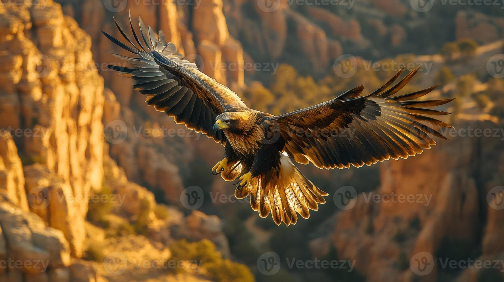 Golden eagle flying over canyon during golden hour photo