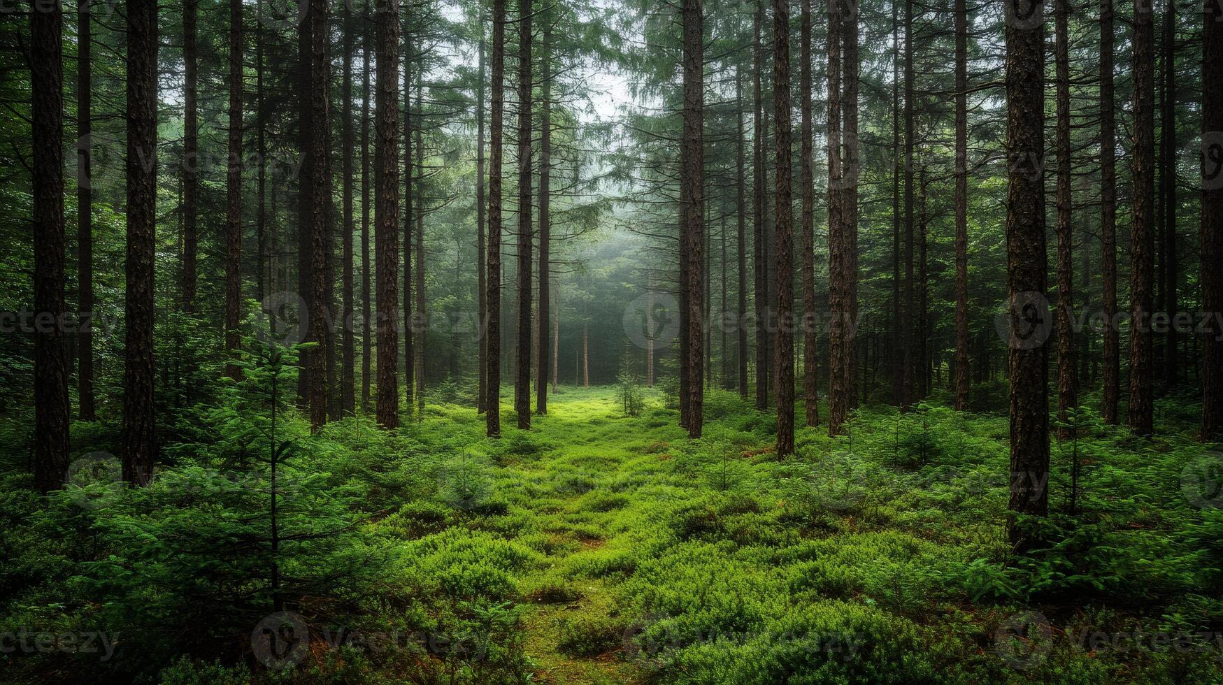 Mysterious forest path covered with lush green moss and pine trees photo
