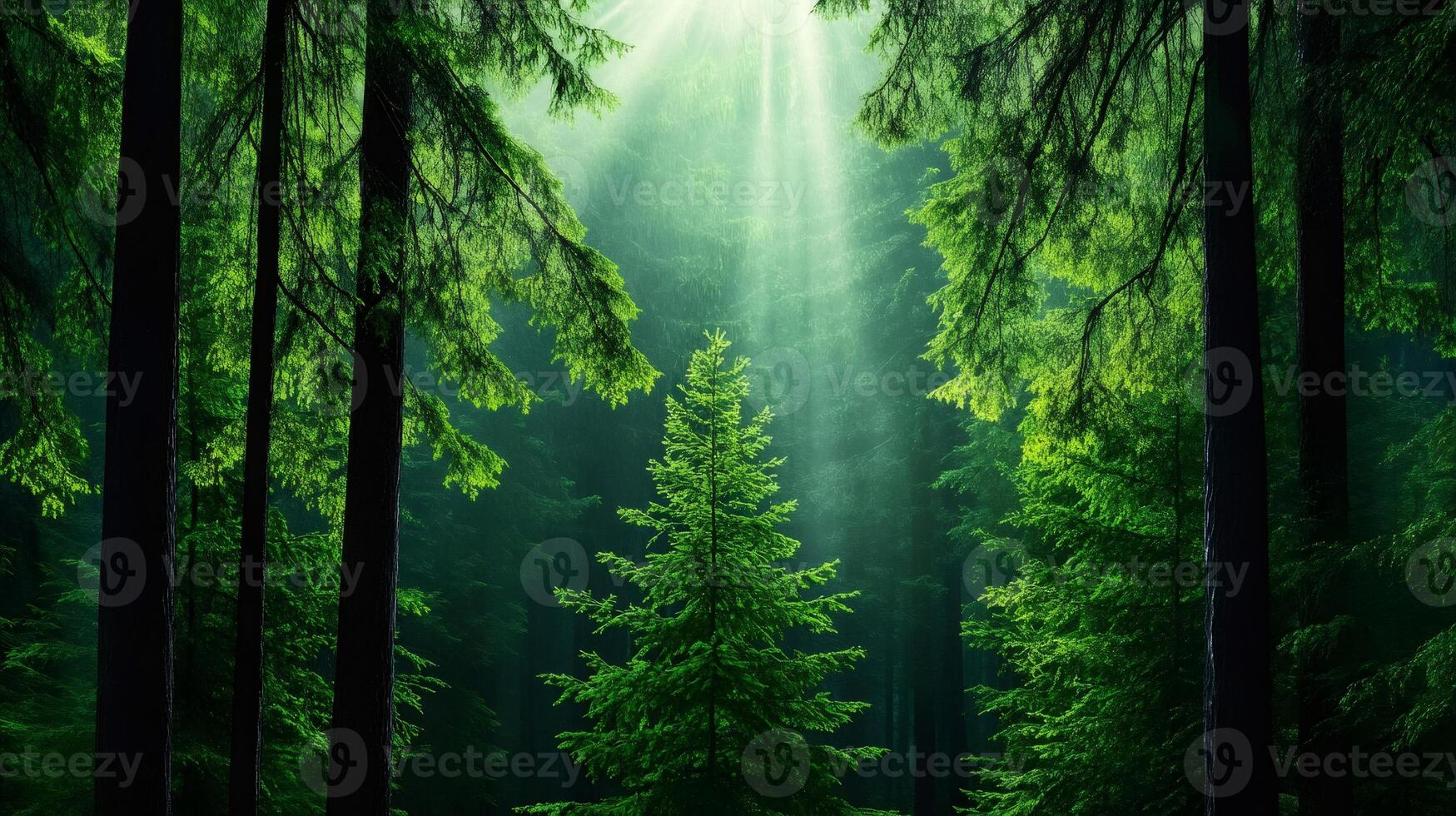 Sunbeams filtering through lush green forest canopy photo