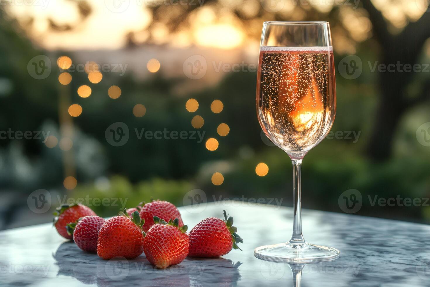 Glass of rose sparkling wine with fresh strawberries at sunset reflecting fairy lights photo