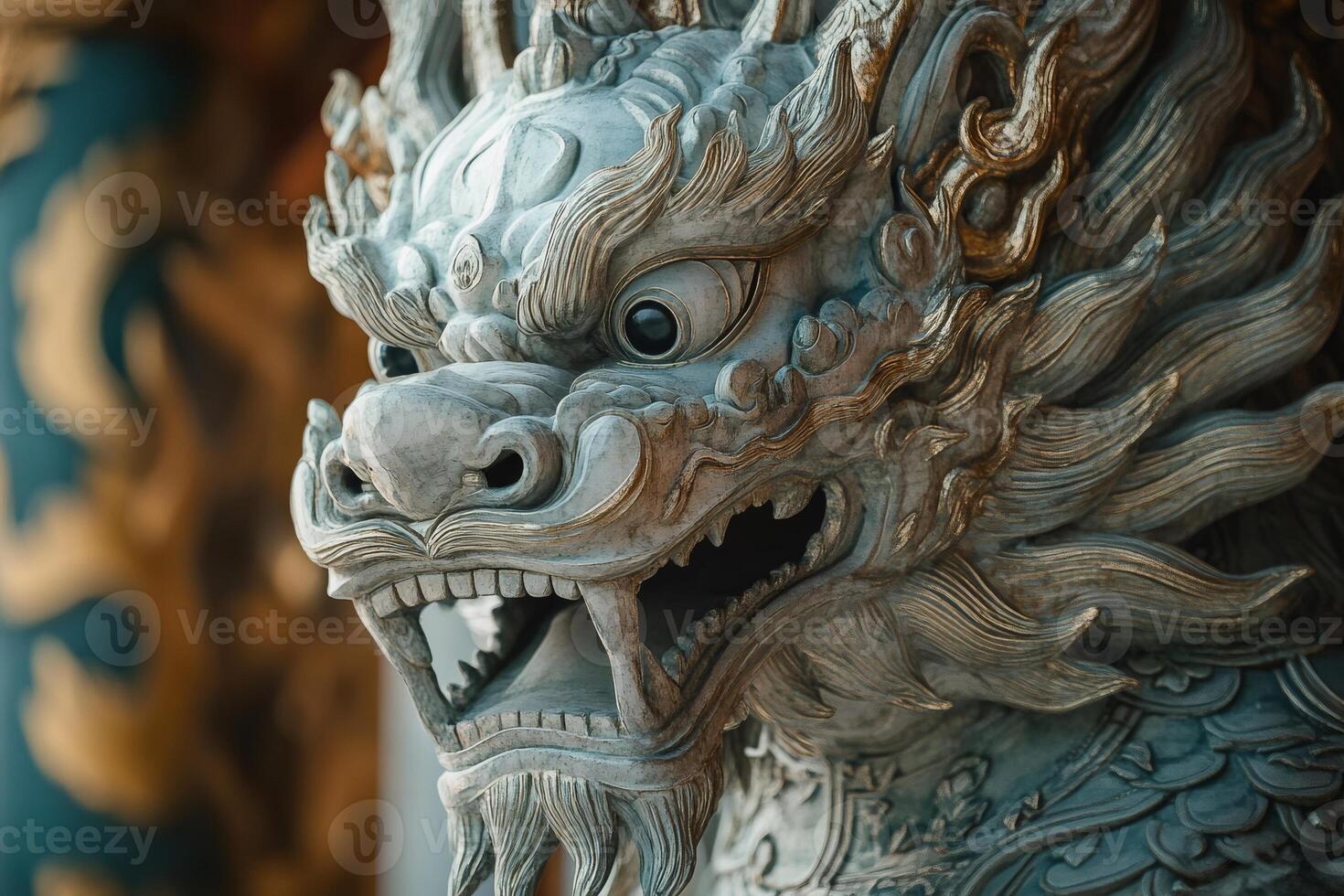 Majestic stone dragon statue guarding a sacred temple photo
