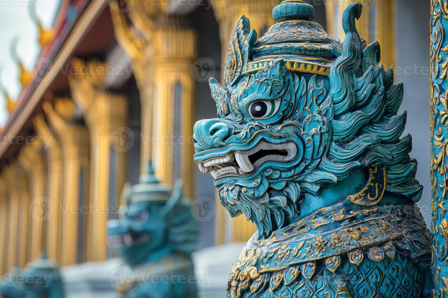 Mythological lion statue guarding a buddhist temple in bangkok photo