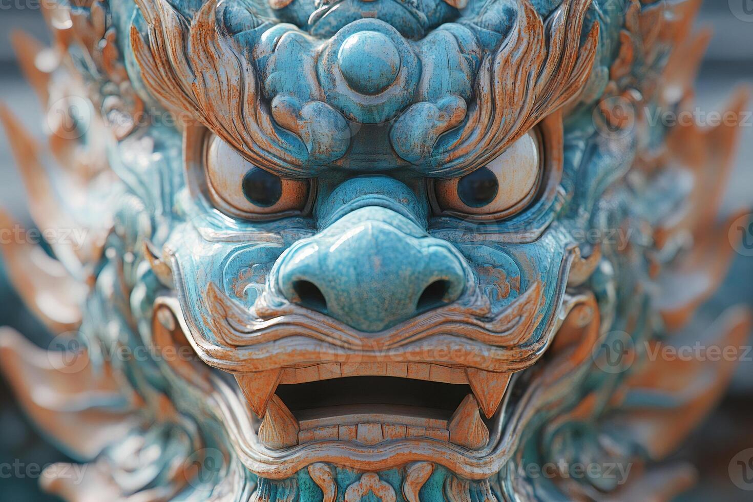 Close up of mythological kirin statue showing intricate details and vibrant colors photo