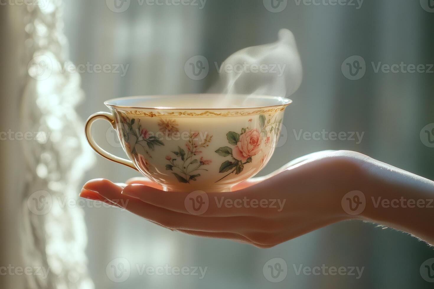 Woman holding steaming floral teacup near window, cozy morning ritual photo