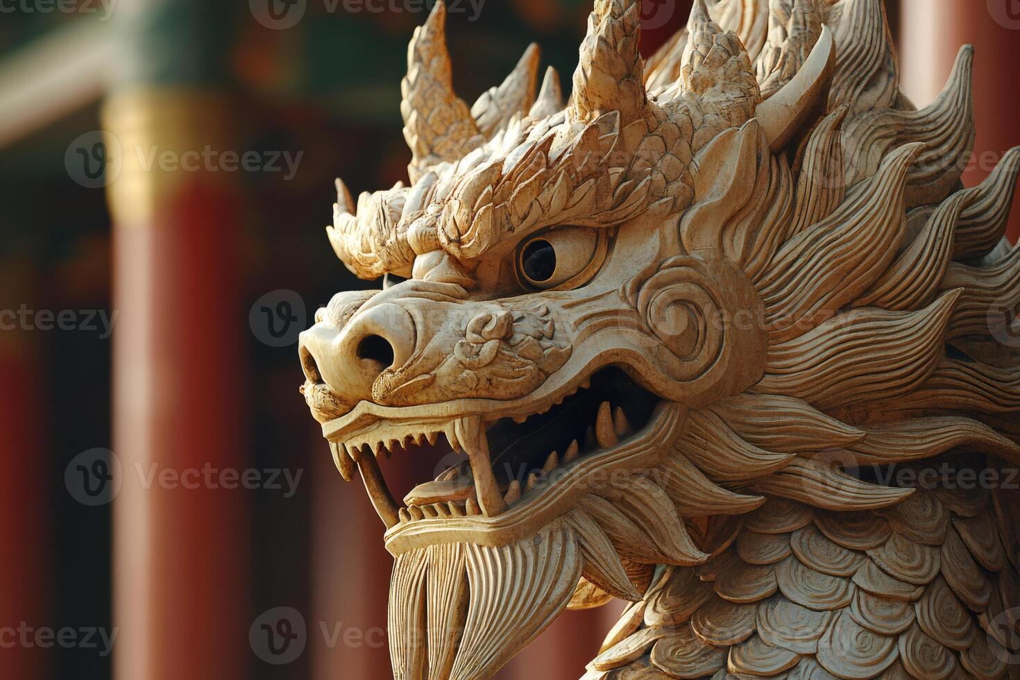 Wooden dragon statue guarding traditional chinese temple photo