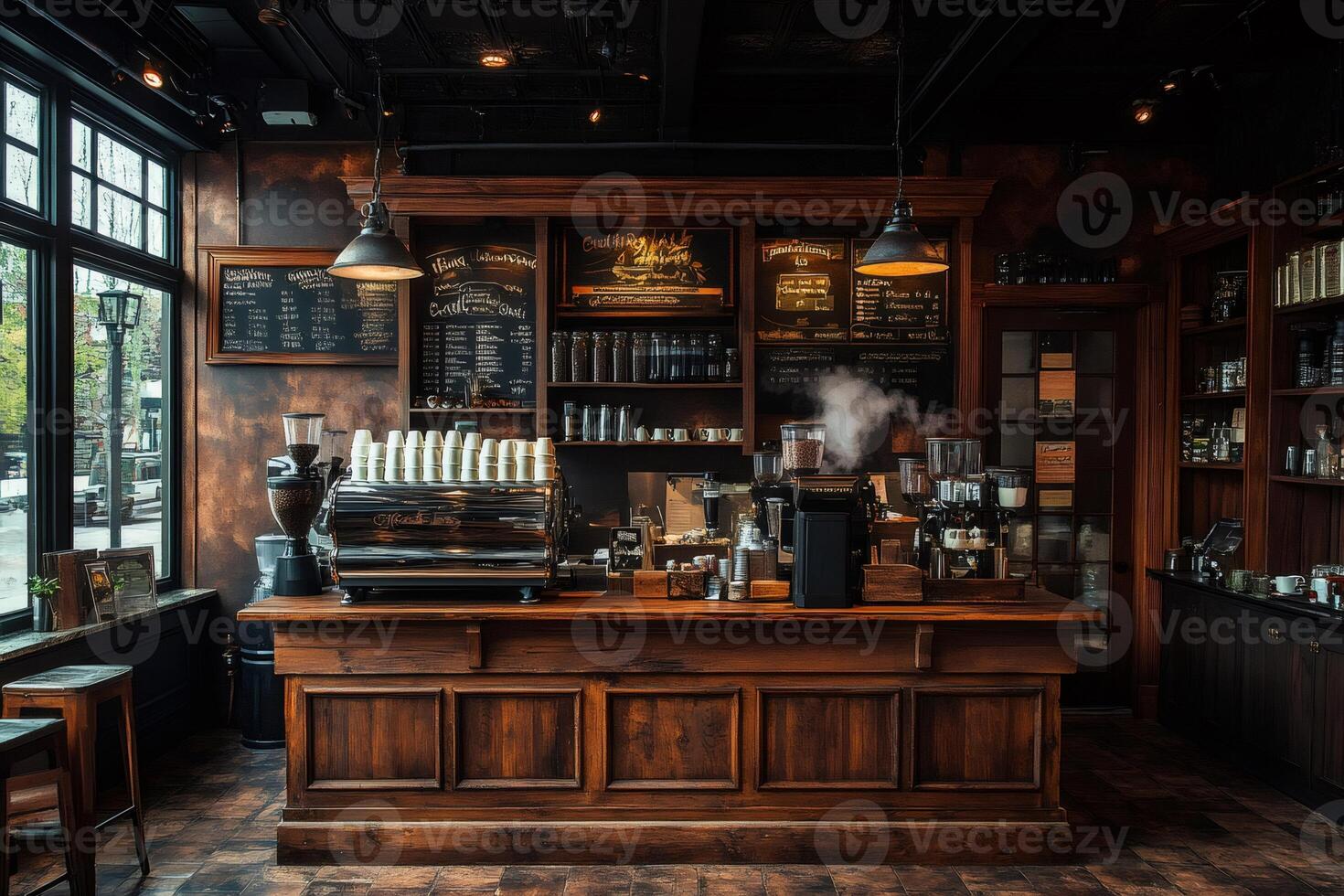 Coffee shop counter with steaming espresso machine and chalkboard menu photo