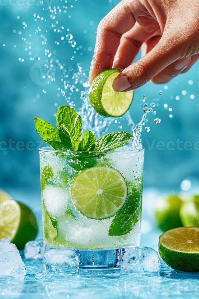 Bartender squeezing lime in mojito cocktail with splashing water photo