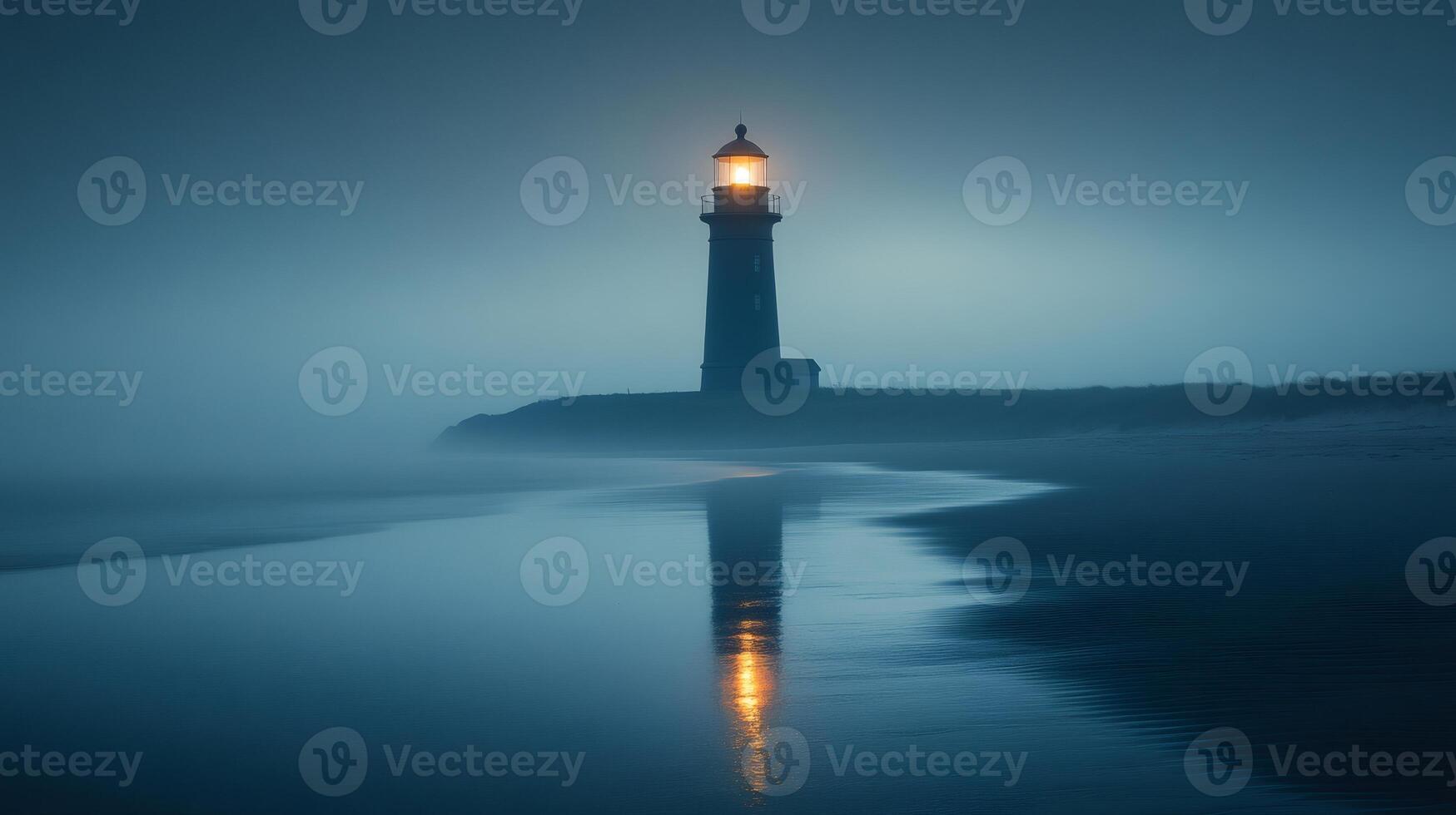 Lighthouse illuminating foggy coastline at twilight photo