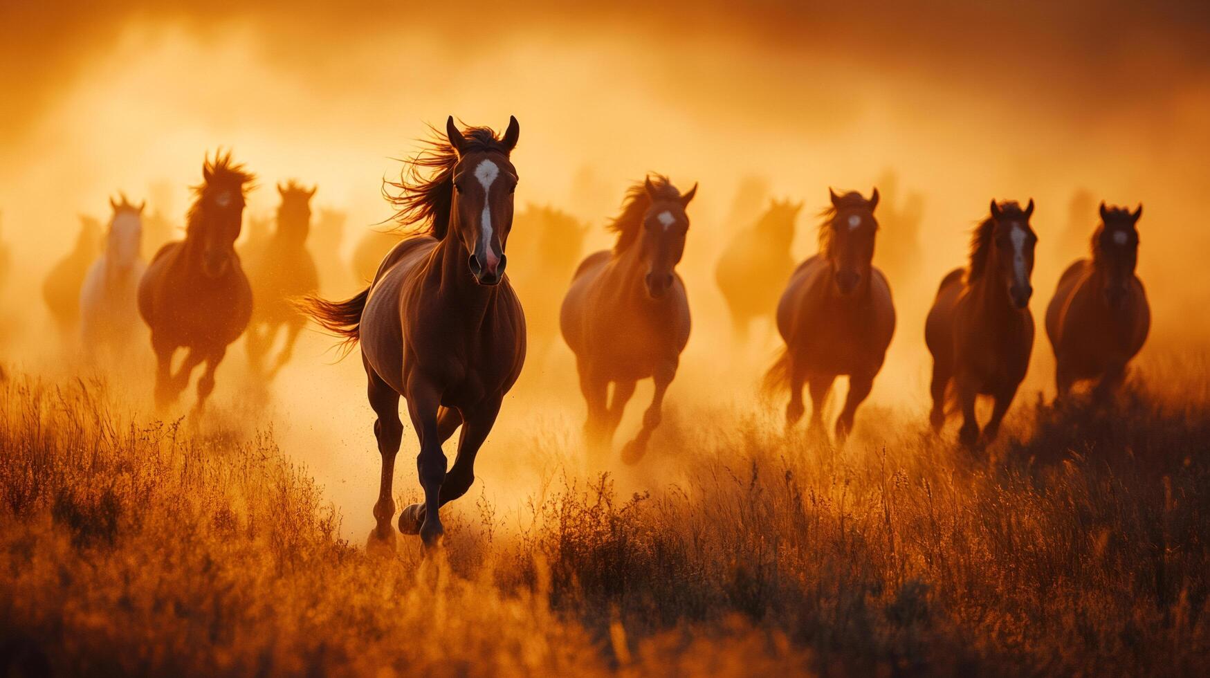 Herd of wild horses running on dusty plains at sunset.. . photo
