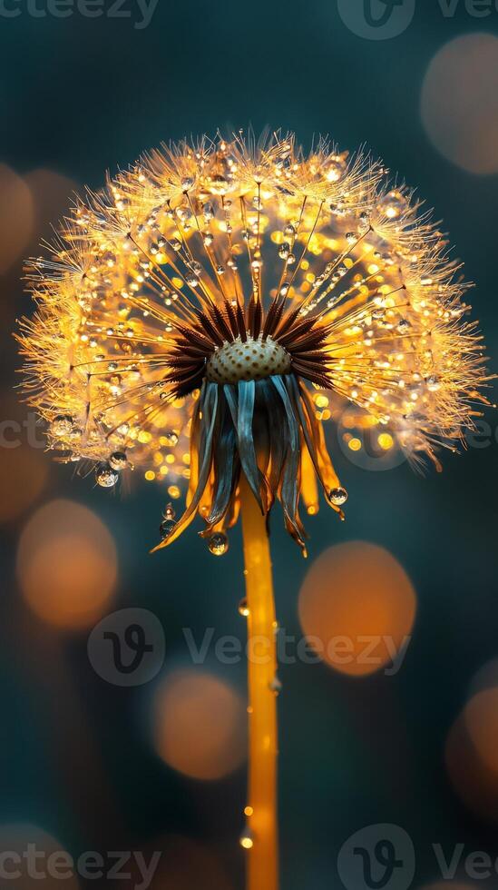 Dandelion seeds glistening with dewdrops in golden light photo