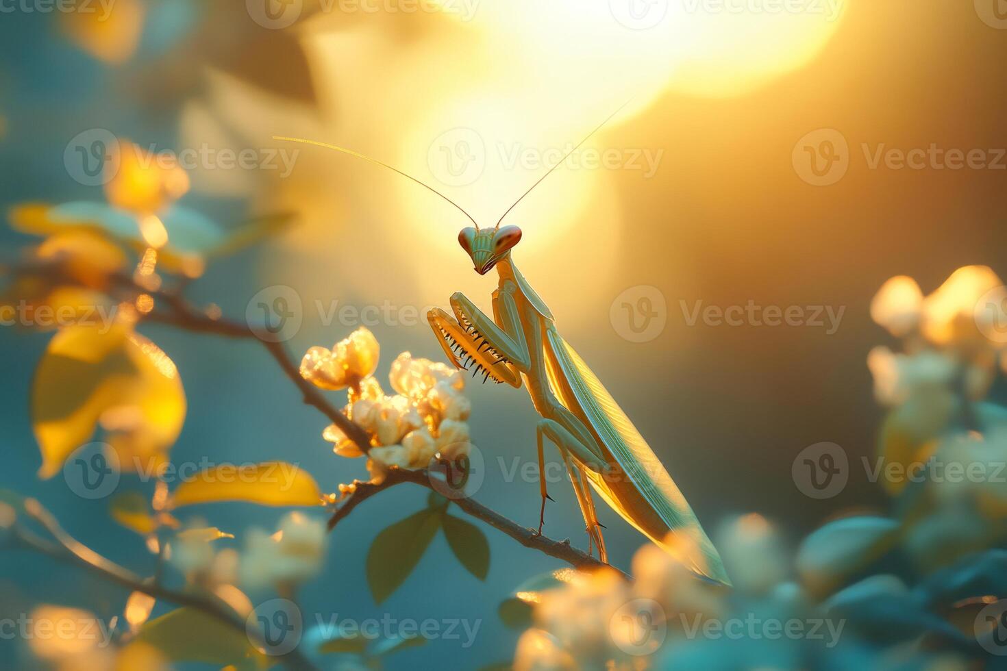 Praying mantis perched on blooming branch at golden hour photo
