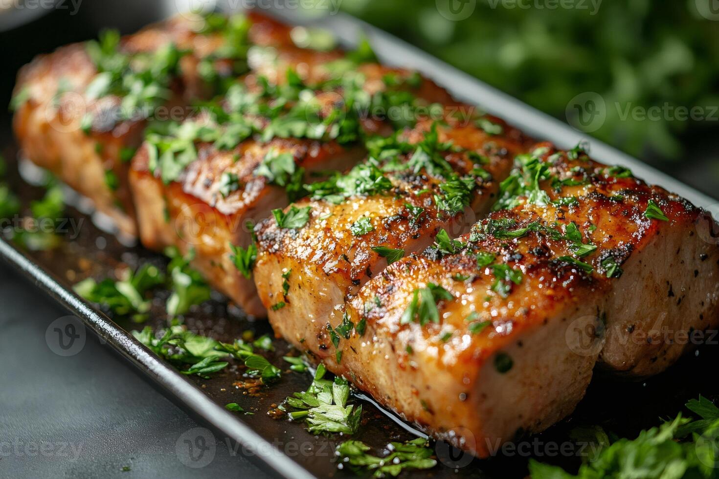 Delicious grilled salmon fillets garnished with fresh parsley on black plate photo