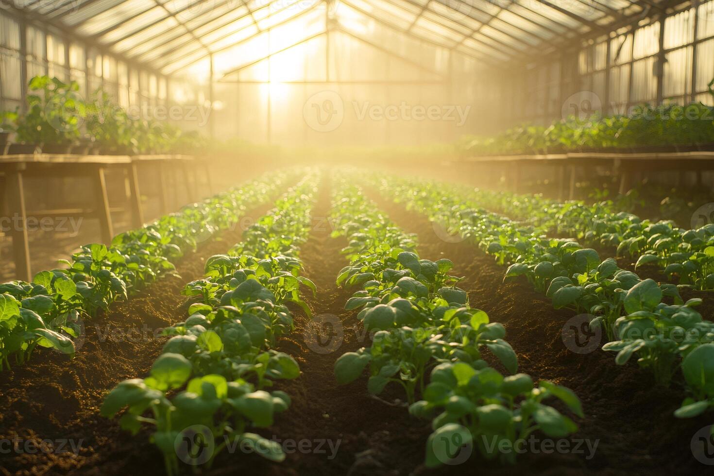 Seedlings growing in greenhouse with golden sunlight illuminating plants photo