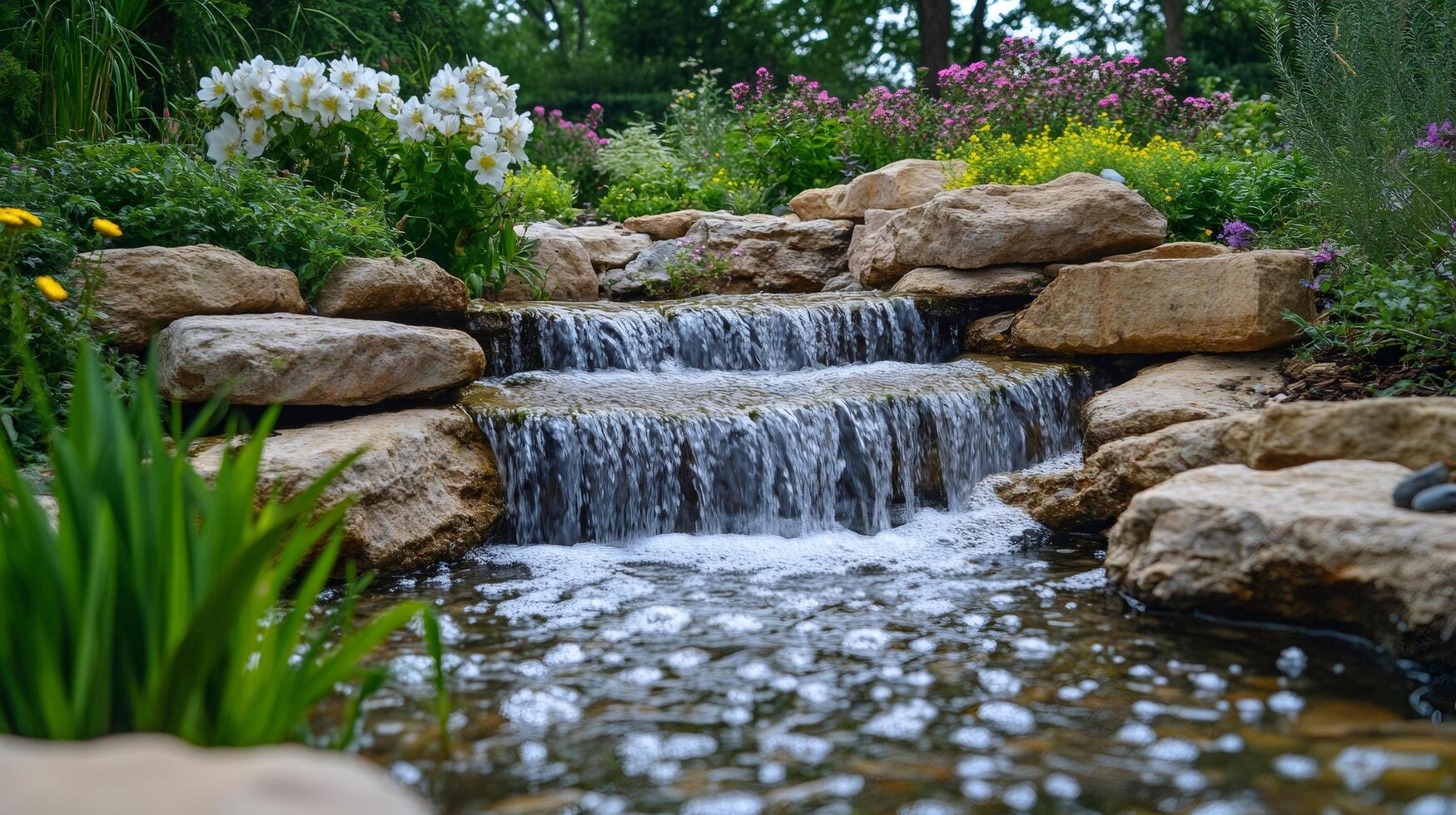 Cascading waterfall enhancing tranquil garden setting with lush greenery.... photo