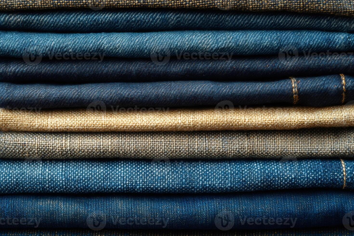 Stack of folded denim jeans and fabrics creating textured background photo