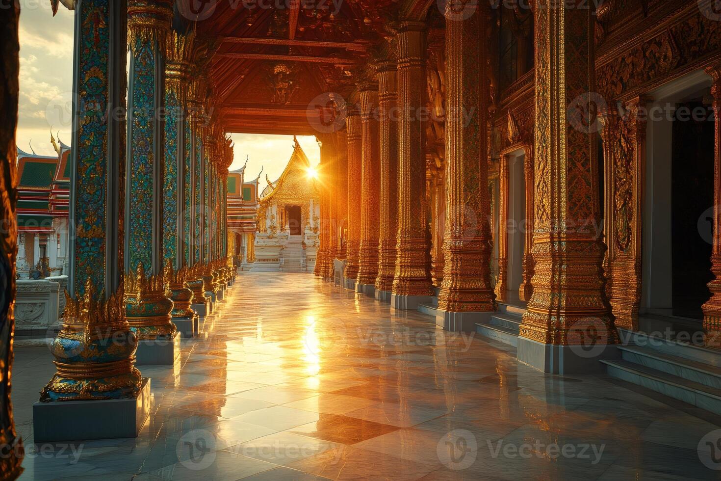 Golden hour illuminating ornate pillars of a thai temple photo