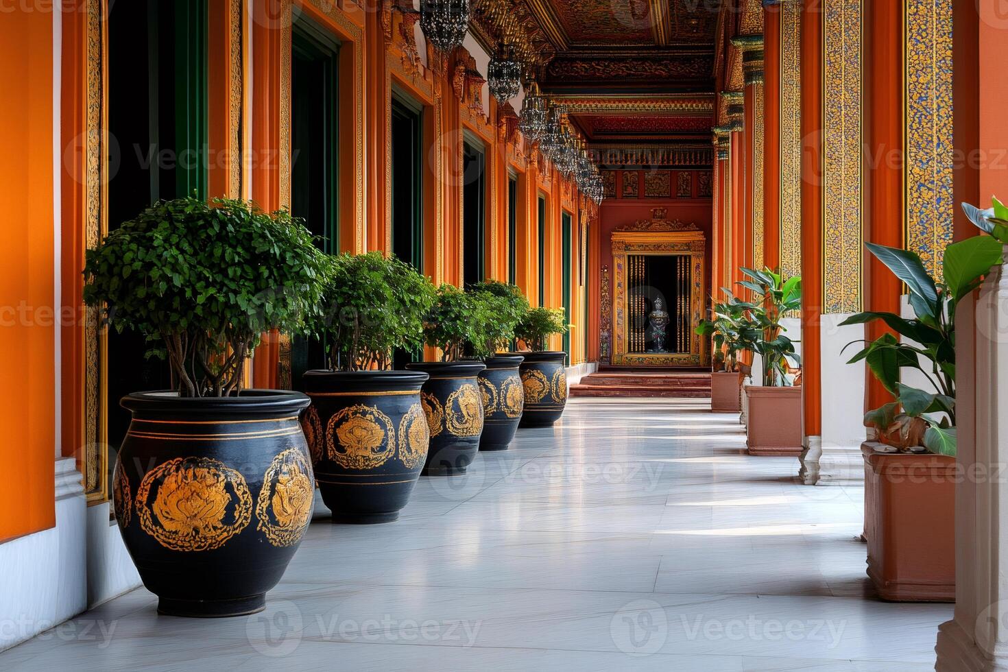 Ornate corridor featuring decorative planters and traditional asian architecture photo