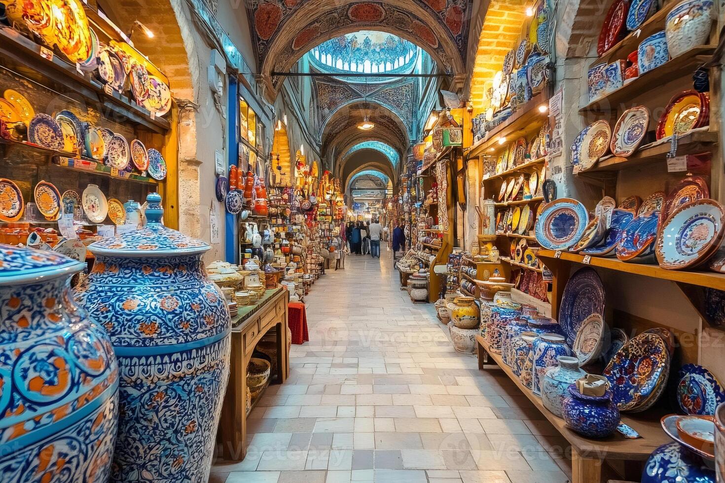 People walking in a colorful ceramic shop in the grand bazaar, istanbul photo