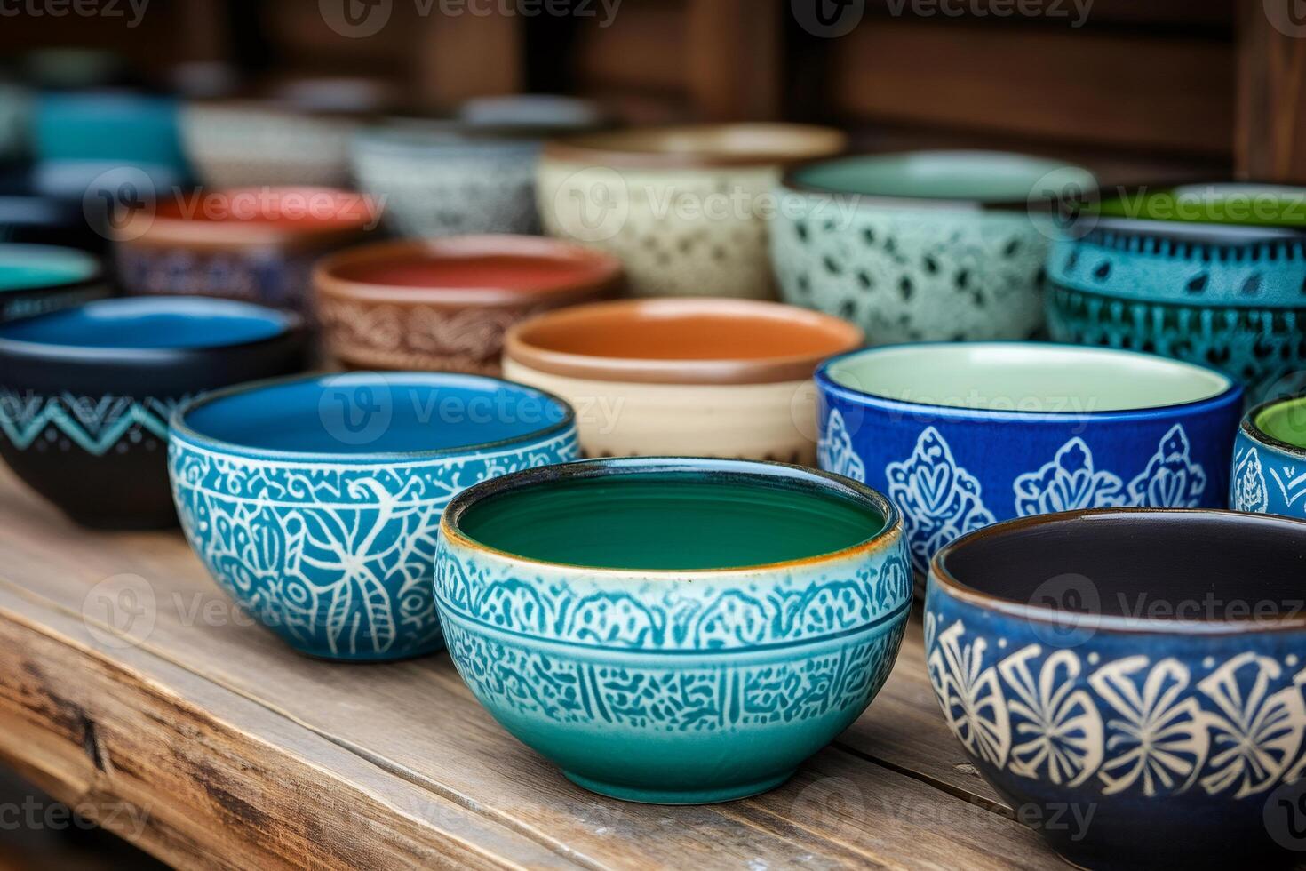 Colorful ceramic bowls displayed on wooden shelf, representing traditional craftsmanship photo