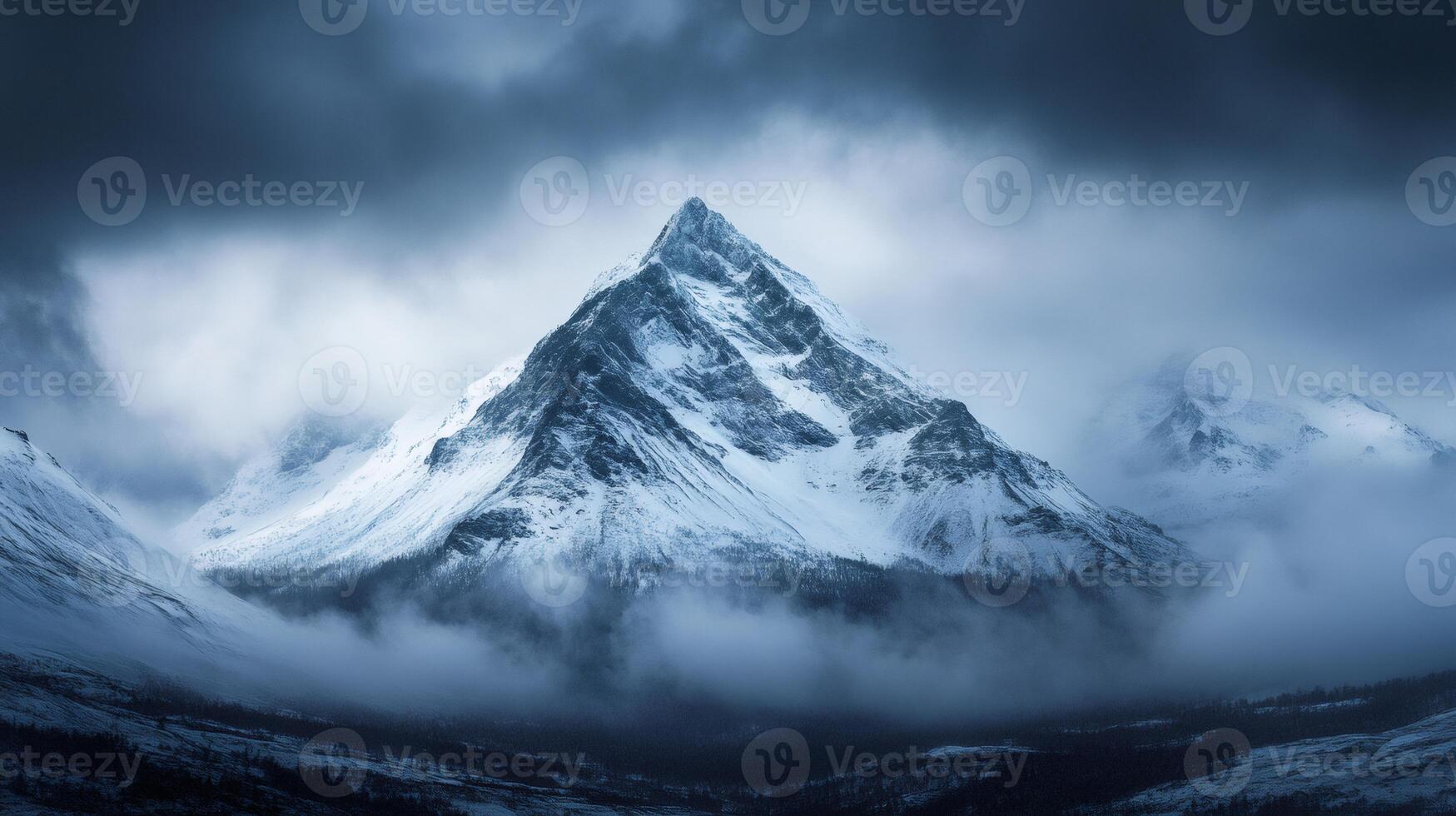 Majestic snow capped mountain peak emerging from misty clouds in winter landscape photo