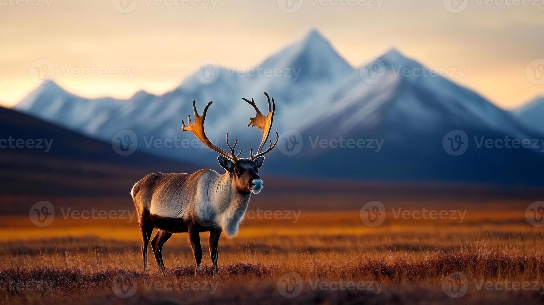 Reindeer standing in a field with mountains in the background at sunset photo