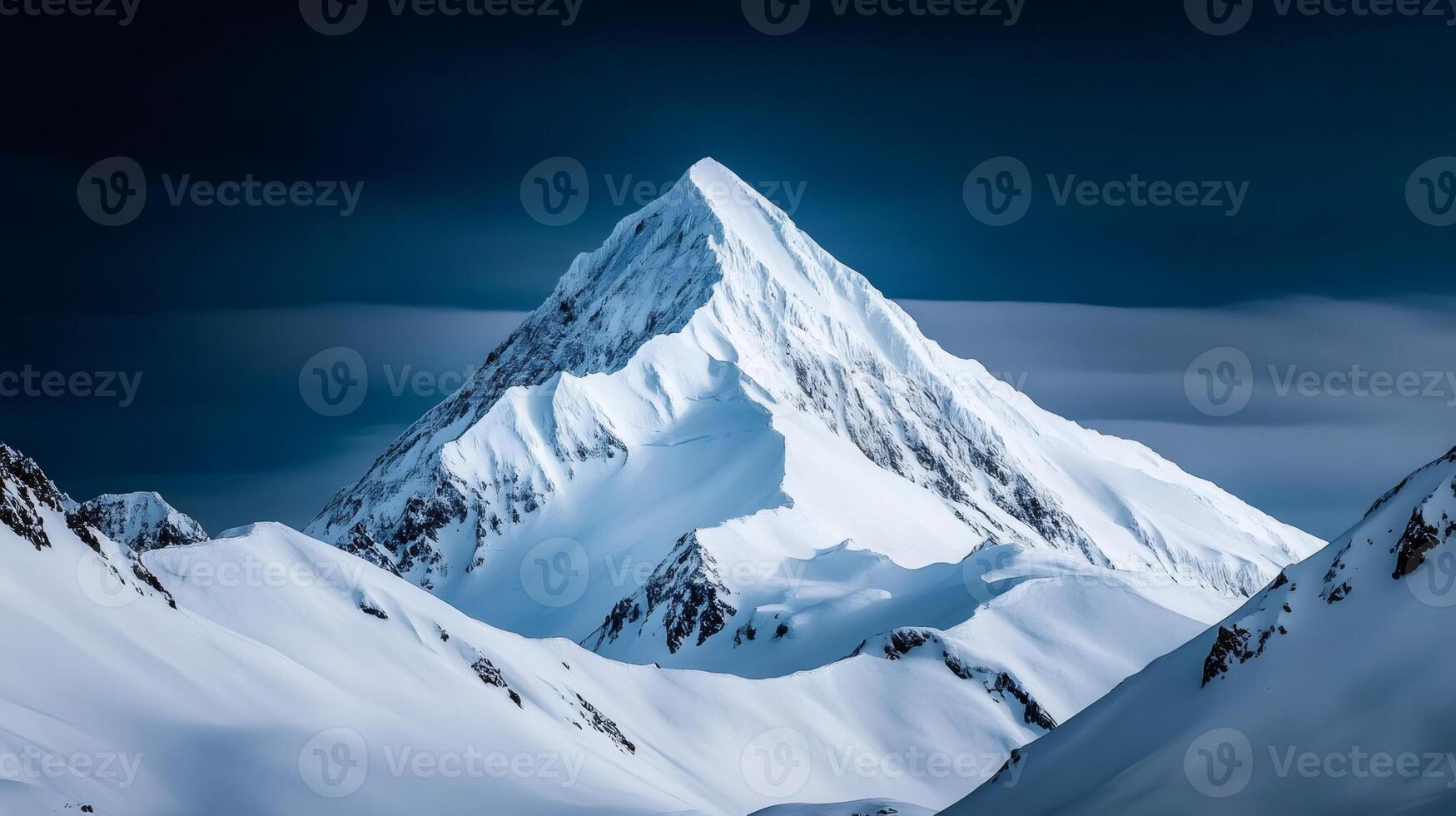 Majestic snow capped mountain peak dominating winter landscape photo