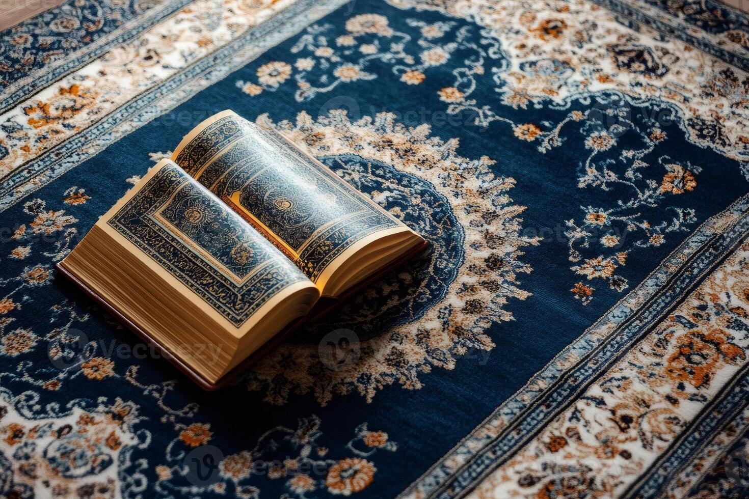 Open quran resting on an ornate prayer rug symbolizing islamic faith and devotion photo