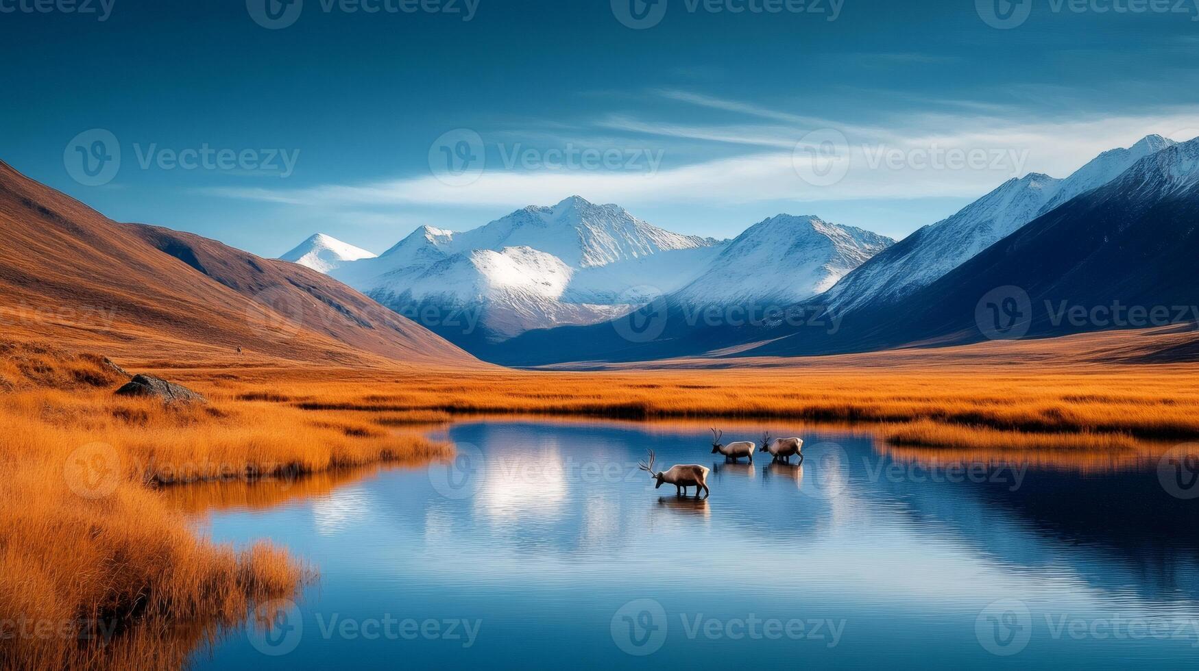 Reindeer drinking in a mountain lake reflecting snowy peaks photo