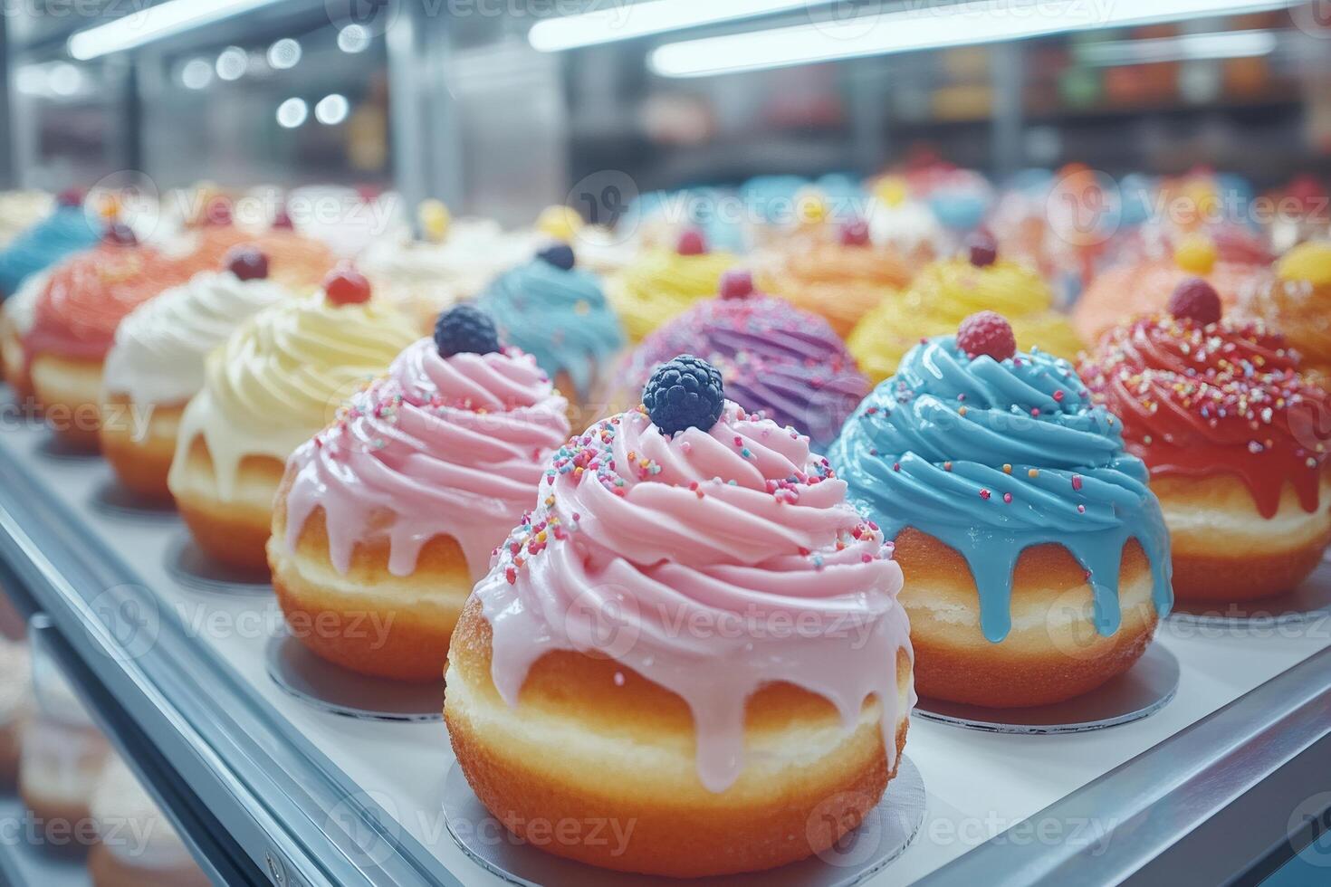 Delicious donuts with icing and sprinkles displayed in bakery window photo