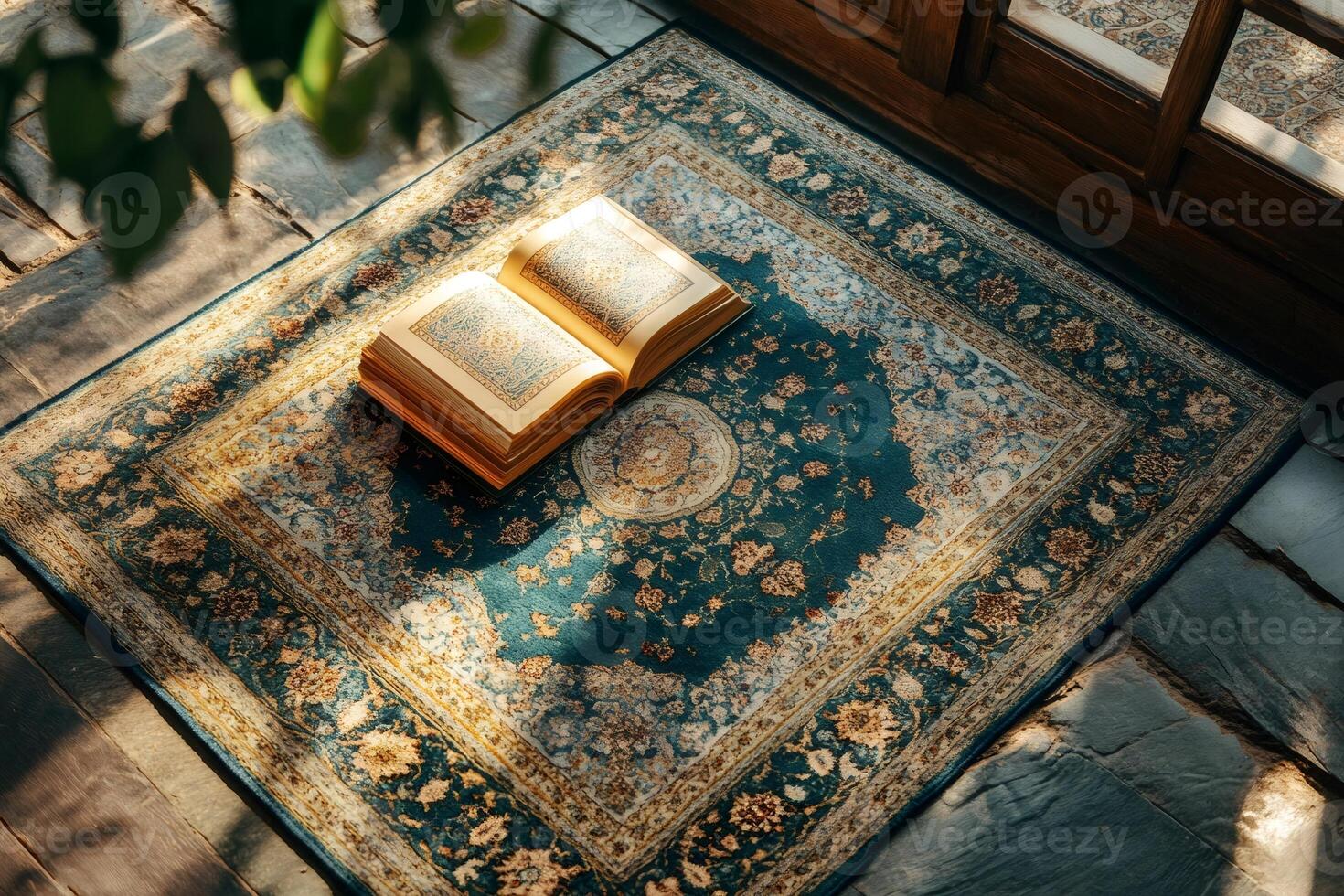 Open holy book resting on prayer rug in sunlight, embracing spirituality photo