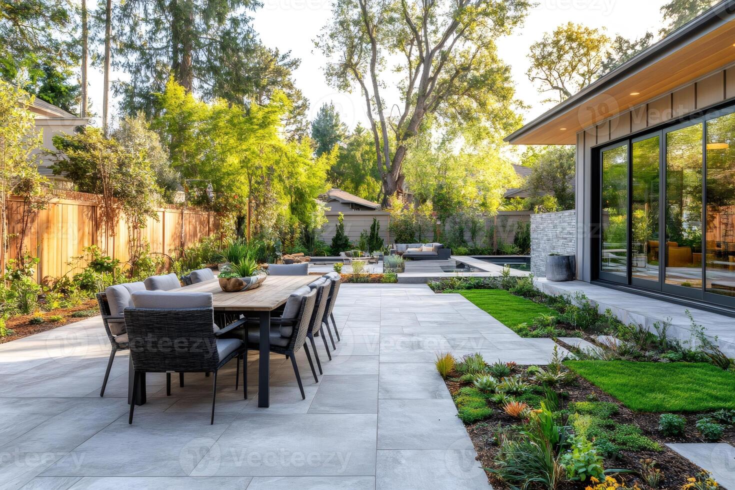 Modern backyard patio with pool and dining table overlooking lush green garden photo