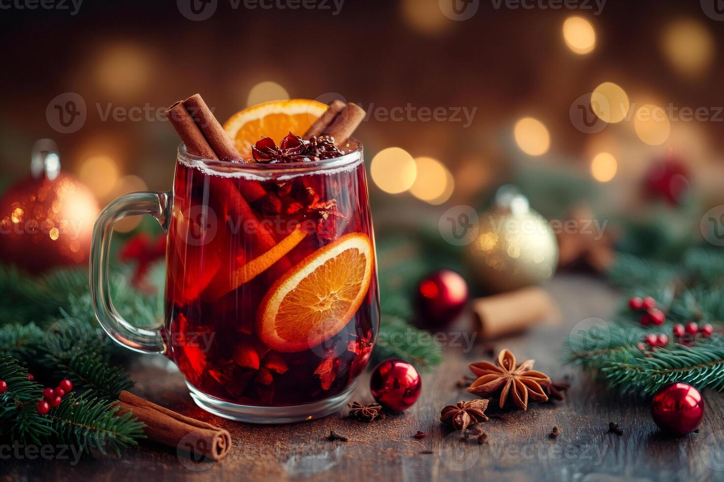 Christmas mulled wine with spices and christmas decorations illuminating the warm atmosphere photo