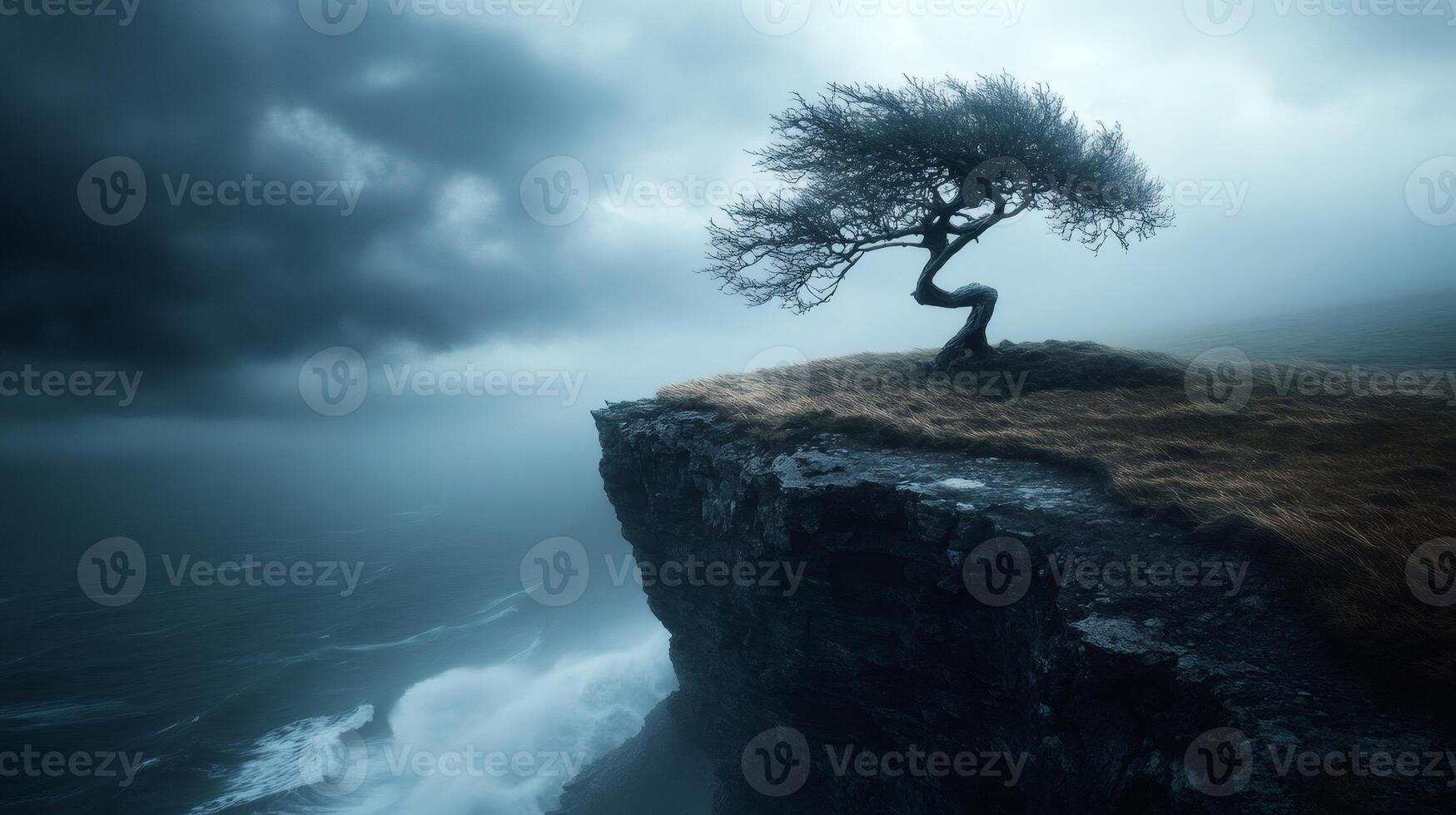 Lonely tree standing on a cliff overlooking stormy ocean under dark clouds photo