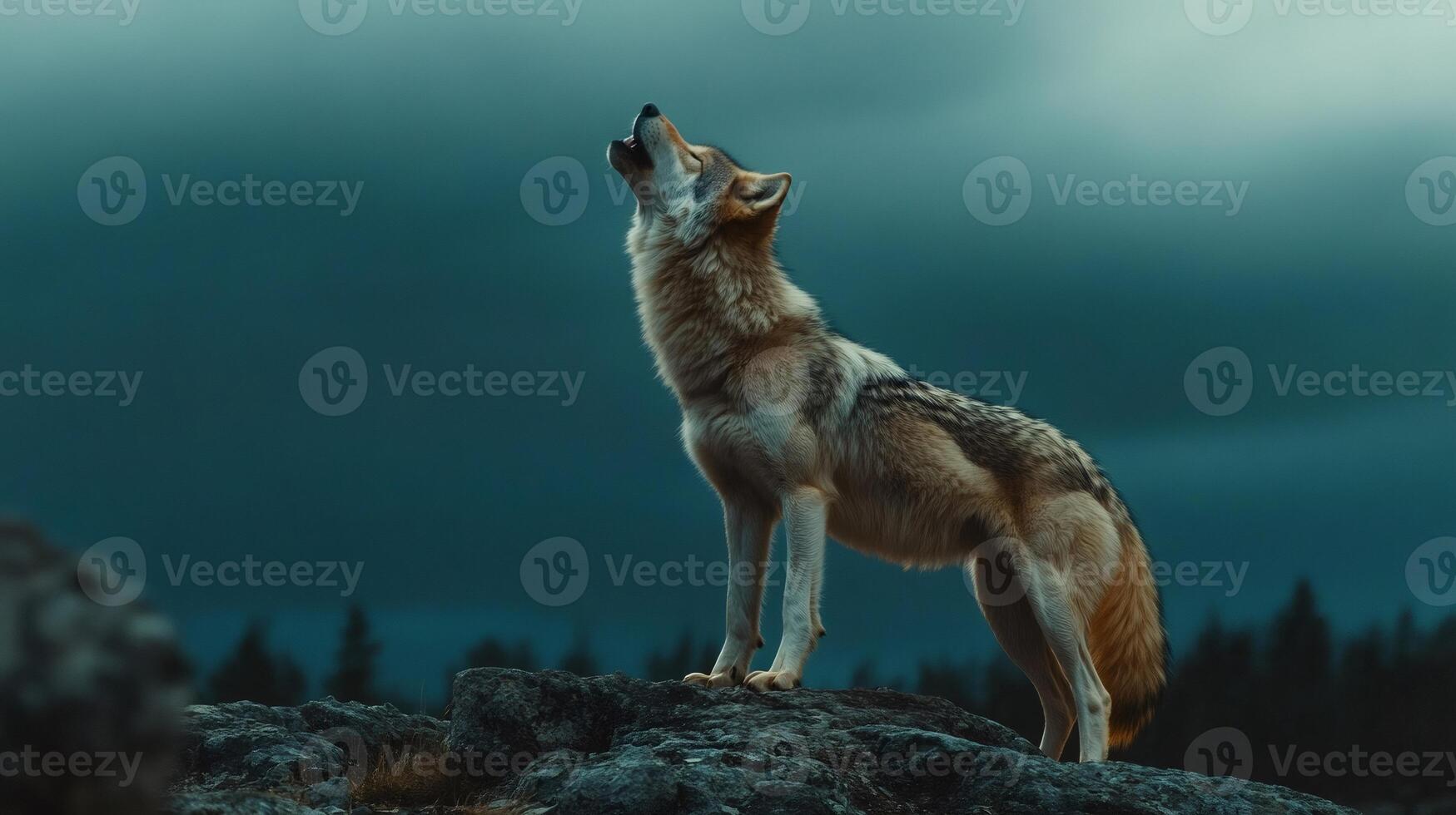 Gray wolf howling on a rock at dusk in a moody atmosphere photo