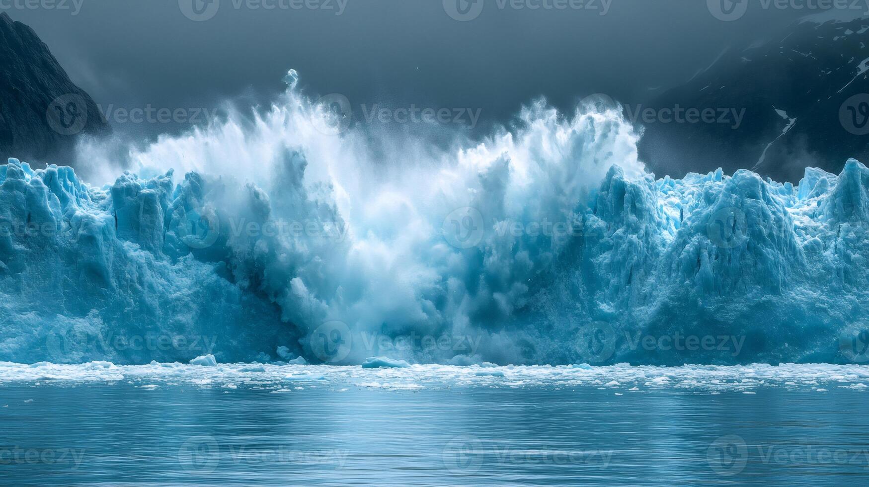 Glacier collapsing and creating huge wave in arctic ocean photo