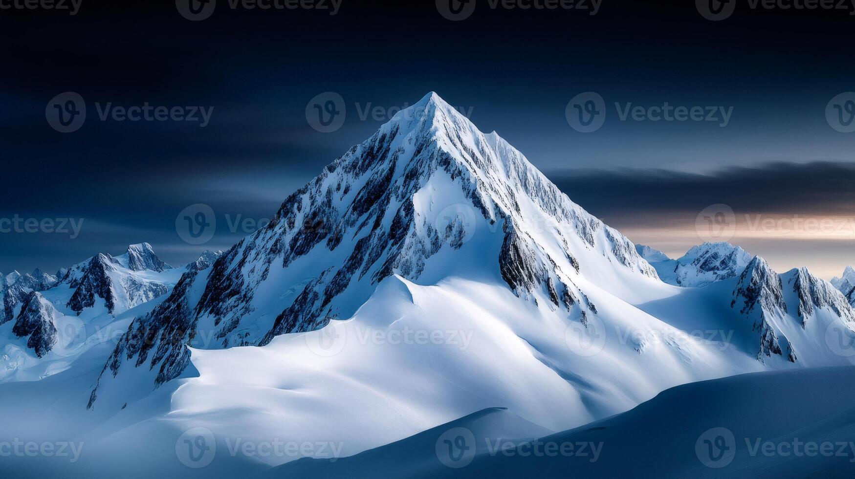 Majestic snow capped mountain peak dominating winter landscape at twilight photo