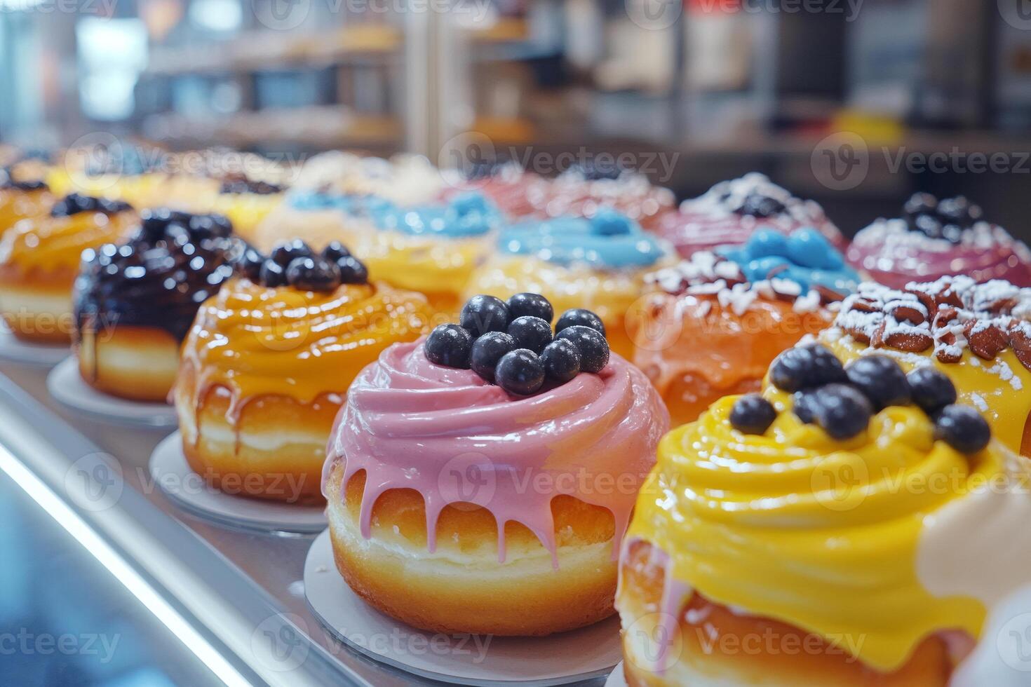 Delicious donuts with colorful frosting and toppings displayed in bakery window photo