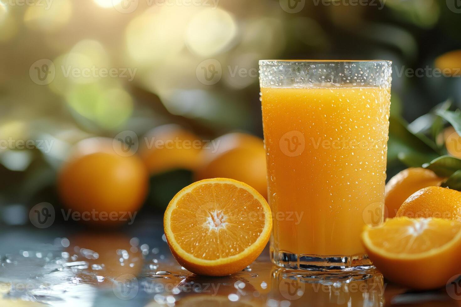Refreshing orange juice with fresh oranges and water droplets on glass photo