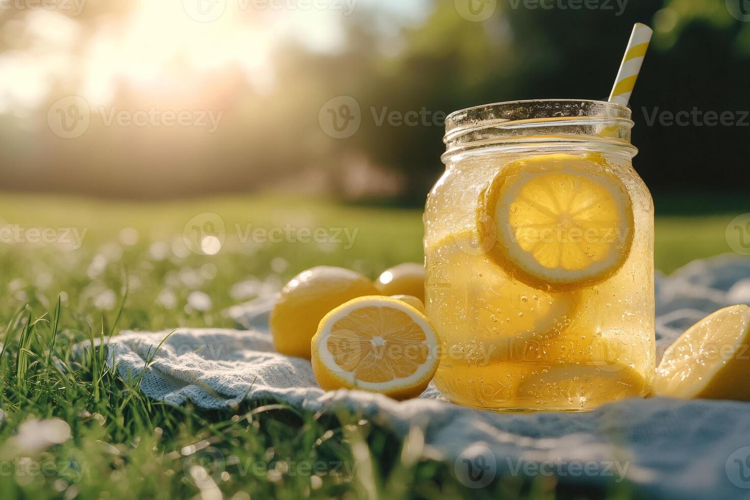 Refreshing lemonade in a mason jar enjoying the sunset in a park photo