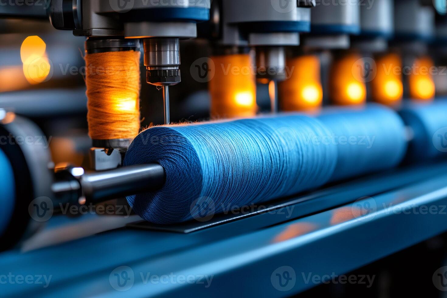 Industrial sewing machine processing blue thread in textile factory photo