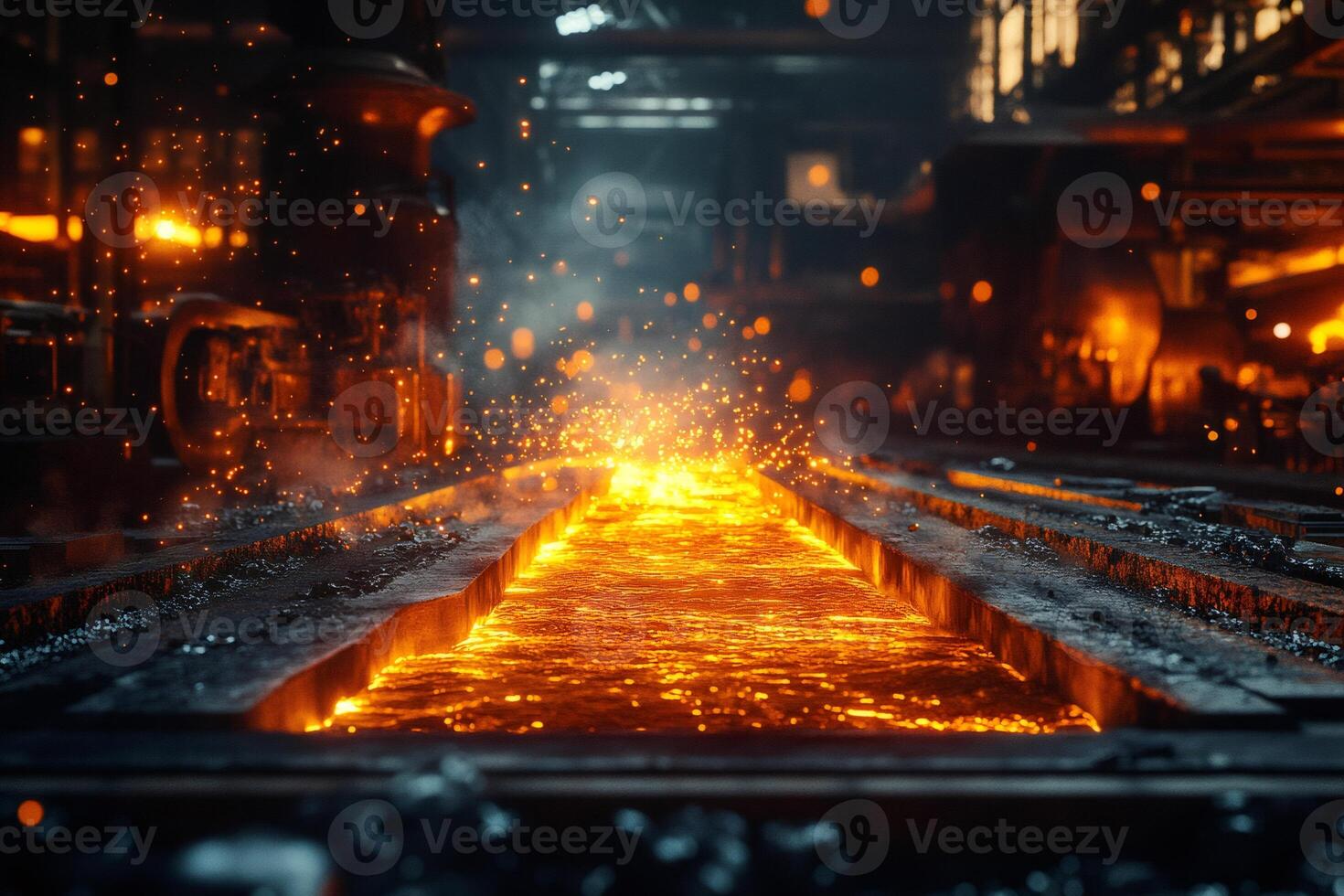 Hot liquid metal flowing in steel mill with flying sparks photo