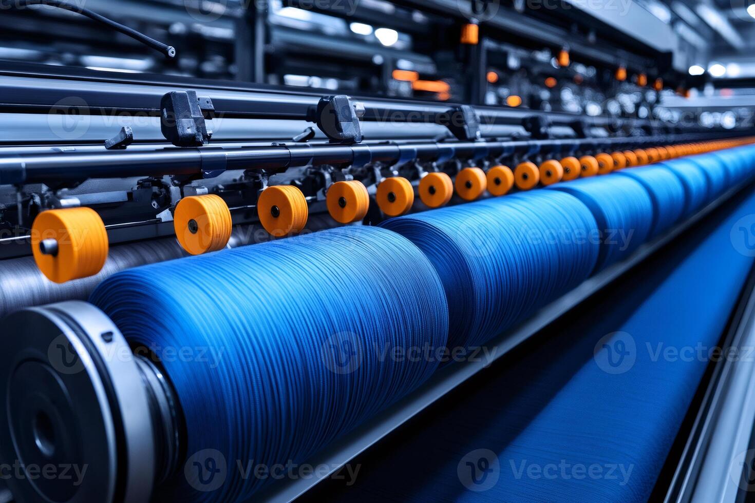 Industrial weaving machine producing blue thread in textile factory photo