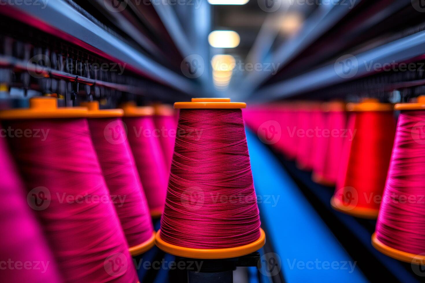 Pink thread cones feeding industrial weaving machine in textile factory photo