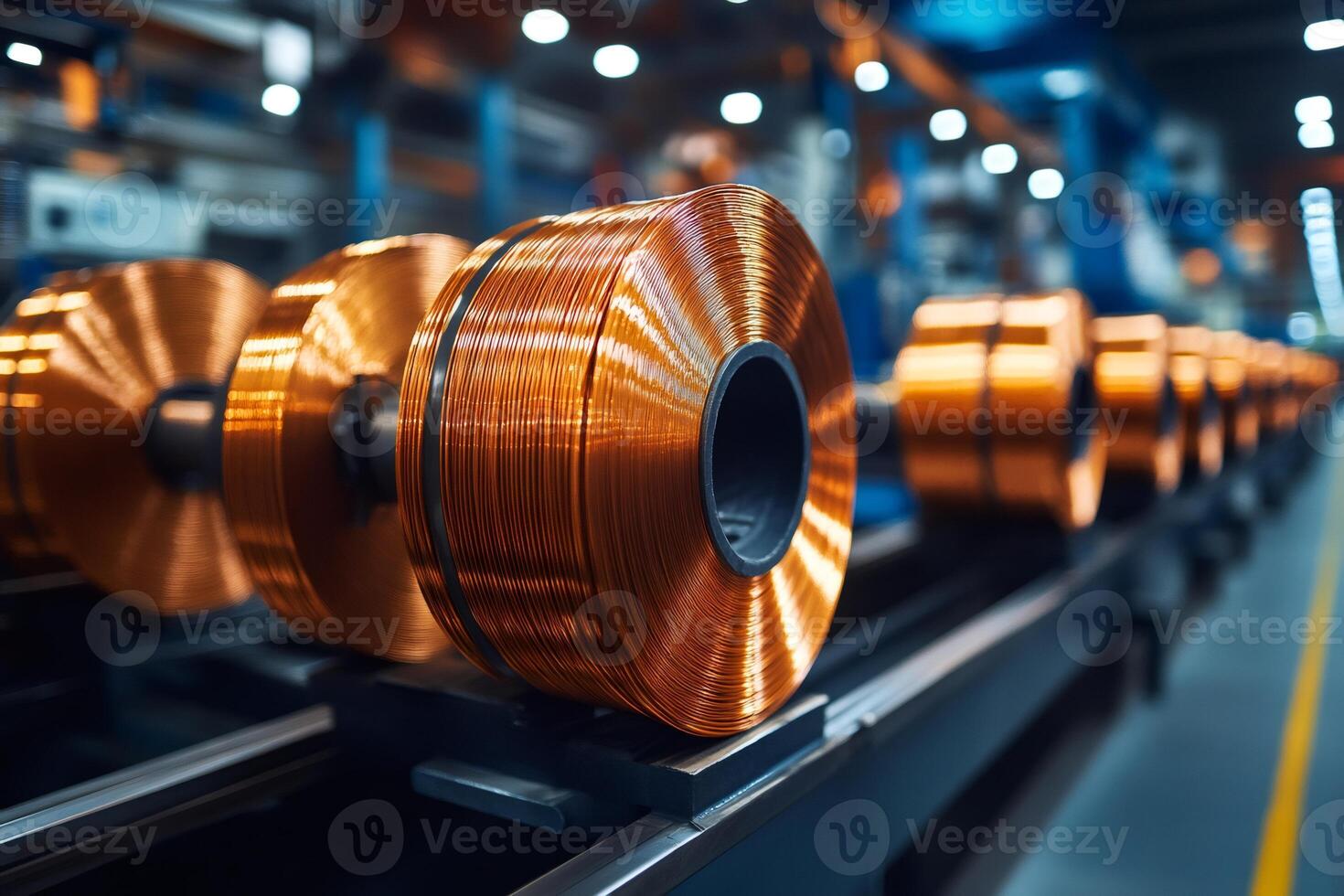 Copper wire reels rotating on the production line in a cable factory photo